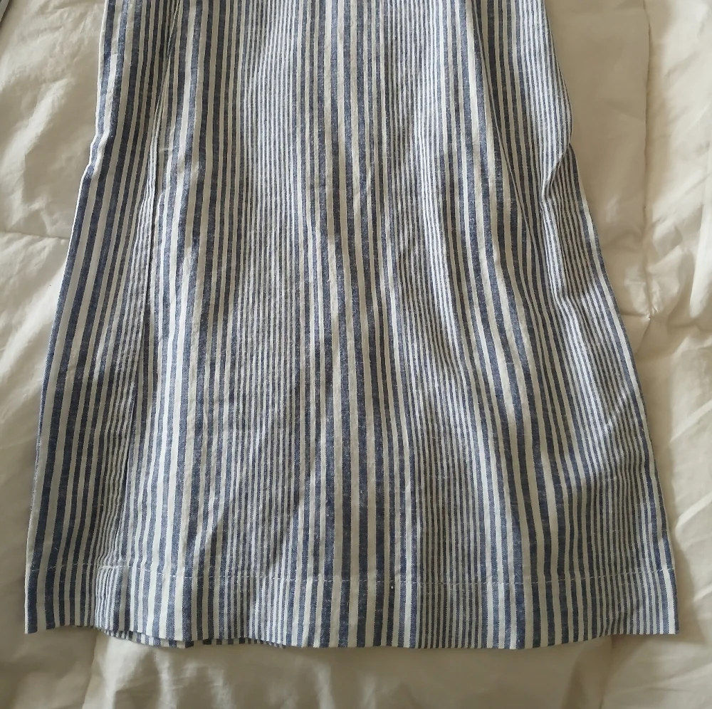 Striped Blue White Wiide Leg, 55% Linen 45% Cotton Elastic Waist Pants - Picture 9 of 10